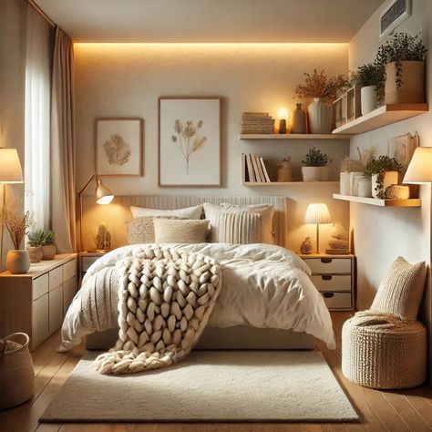 Cozy Parents Bedroom, Cozy Bedroom Decor Ideas Relaxing, Cozy Small Reading Room, Simple Cozy Room Ideas, Neutral Bedroom With Plants, Small Room Design Bedroom Aesthetic Cozy, Cozy Room Decor Ideas Simple, Cozy Basement Bedroom Ideas, Small Room Decor Bedroom Minimalist