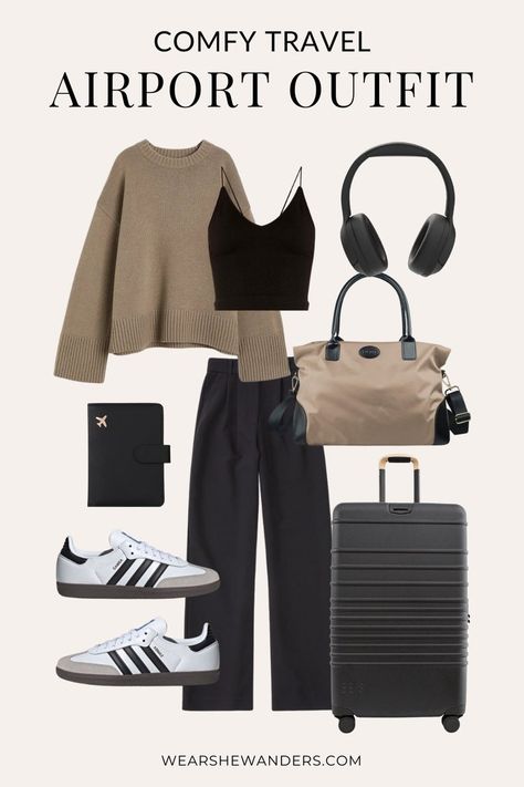 Comfy Travel Outfits to Wear to the Airport and Beyond — Wear She Wanders Athleisure Outfits Travel, Hidden Love Fashion, Airport Outfit Inspo Comfy, Outfit For Trip Travel Fashion, Woman Airport Outfit, Casual Airport Outfit Summer Travel Wear, Business Casual Airport Outfit, Casual Airport Looks Women, Best Airport Outfits For Women