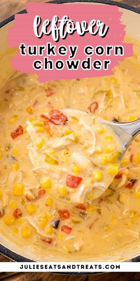 Turkey Corn Chowder is a hearty, delicious soup recipe that's perfect for using up leftover turkey or chicken. Make this with your holiday leftovers. It's easy but bursting with flavor! Turkey Chowder Recipes, Turkey Corn Chowder, Turkey Chowder, Turkey Roasted, Cream Of Corn Soup, Corn Chowder Soup, Leftover Turkey Soup, Traditional Holiday Recipes, Turkey Soup Recipe