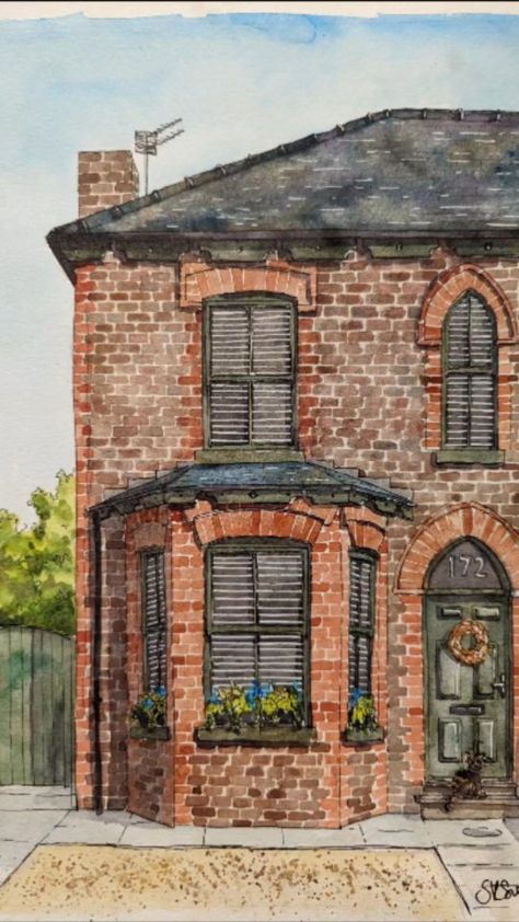 How To Draw Apartment Building, Brick Building Painting, Building Facade Drawing, Architecture Painting Ideas, House Front Drawing, Brick House Watercolor Painting, Watercolour Buildings Paintings, Brick Building Drawing, Watercolor Art Sketchbook