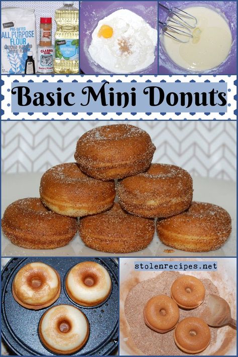 These delicious donuts are baked in a mini donut maker. Flour, sugar and baking powder are whisked together in a bowl. Then an egg, milk and vanilla are mixed in with an electric mixer. Next vegetable oil is beaten in for an additional minute. The batter is poured into the mold and baked into golden. While the donuts are still hot, the donuts are dipped in a mixture of cinnamon and sugar. Doughnut Batter For Doughnut Maker, Easy Mini Donut Recipe For Donut Maker, Donut Batter For Donut Maker, Electric Mini Donut Maker Recipes, Mini Donut Maker Recipes Simple, Donut Machine Recipes Mini, Donut Maker Recipes Mini, Dash Mini Donut Maker Recipes, Donut Recipe For Mini Donut Maker