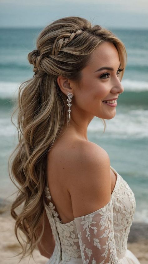 Hairstyles Medium Hair Wedding, All Down Wedding Hair Medium Length, Hairstyle Medium Length Wedding, Wedding Hair Up Ponytail, Straight Hair Hairstyles Wedding, Medium Wedding Hairstyles Half Up, Wedding Hairdos For Long Hair Half Up, Hair Bridesmaid Half Up, Side Braid Half Up Half Down