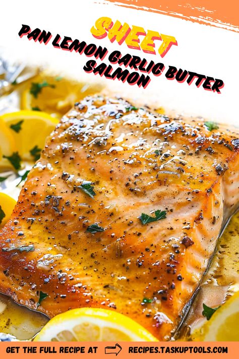 Indulge in a healthy and flavorful meal with our Sheet Pan Lemon Garlic Butter Salmon recipe. Perfect for busy weeknights, this dish combines tender salmon fillets with zesty lemon, aromatic garlic, and rich butter, all cooked to perfection on a single sheet pan for easy cleanup. Impress your family with a delightful and nutritious dinner that's ready in under 30 minutes. Follow along for step-by-step instructions and tips on achieving the perfect blend of flavors. Discover why this recipe is a must- Lemon Butter Salmon Recipes, Garlic Butter Salmon Baked, Garlic Lemon Salmon, Lemon Butter Fish, Lemon Garlic Butter Salmon, Lemon Salmon Recipes, Frozen Salmon Recipe, Salmon Fillet Recipes, Lemon Butter Salmon