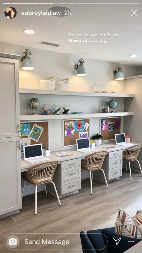 Playroom With Built In Desk, Homework Center At Home, Kids Room Double Desk, Desks In Playroom, Study Room Diy Ideas, 3 Person Home Office Layout, Wall Of Desks, Home Office And Homework Room, Family Study Room Ideas