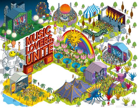 Delta Air Lines’ SKY Magazine commissioned Rod Hunt to illustrate 'Music Lovers Unite', a guide to this summer's music festivals including features on Lollapalooza, Movement Festival, Bonaroo, Ovo Fest, Austin City Limits, Essence Festival, Crash My Player and Moogfest. A vibrant opening spread needed to show the diversity of the different kinds of festivals, while the five spot illustrations focused on more specific details. Festival Map Illustration, Festival Map Design, Summer Festival Illustration, Festival Illustration Art, Fest Illustration, Music Festival Illustration, Festival Map, Austin City Limits Festival, Oasis Logo