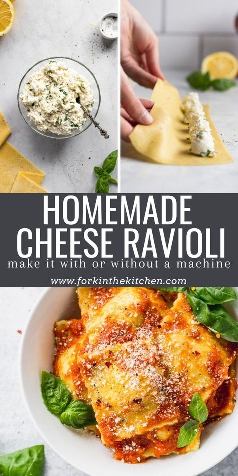 Try your hand at this homemade ravioli recipe! It's easier than you might think, and the flavor is exponentially better! This cheese ravioli is filling is a blend of ricotta and parmesan cheeses with a pinch of nutmeg and lemon zest for flavor tucked away in pockets of homemade pasta dough. Top it with your favorite tomato sauce for a vegetarian dinner-winning combo. Homade Cheese Ravioli, Ravioli Recipe Vegetarian, Homemade Cheese Ravioli Filling, Ricotta Filling For Ravioli, Vegetarian Ravioli Filling, Ravioli Filling Recipe Cheese, Cottage Cheese Ravioli Filling, Ricotta Cheese Ravioli Filling, Diy Ravioli Filling