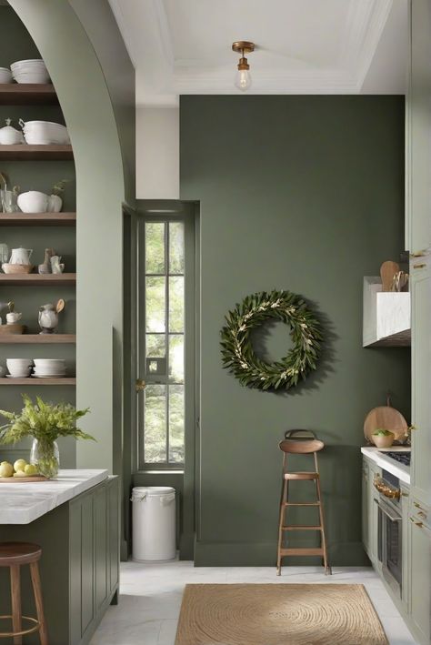 Immerse your kitchen in the ethereal hue of Acacia Haze SW 9132. Discover how Misty Morning Greens can transform your space in this daily interior designer routine. #Ad #homedecor #homedesign #kitchen #Painthome interiorarchitecture best Wall Colors for kitchen Colors Bright Room Colors best colors combinations  Home Remodeling Modern Paint Colors 2024 Sage Wall Color Kitchen, Green Painted Dining Rooms, White Kitchen With Green Walls, Green Paint For Kitchen, Kitchen Paint Colors For Walls, Green Walls In Kitchen, Green Accent Wall Kitchen, Sw Acacia Haze, Kitchen Paint Colors With White Cabinets