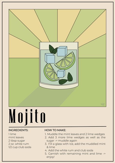 Mojito RecipeillustratedIllustrationartposterdrinkdrawingcanvahow to makeingredientskitchenCocktailalcohol Ingredients Poster Design, Drink Poster Illustration, Alcohol Drink Drawing, Drink Recipe Illustration, Alcohol Illustration Graphics, Drink Recipe Poster, Cocktail Illustration Art, Drink Art Illustration, Alcohol Poster Design