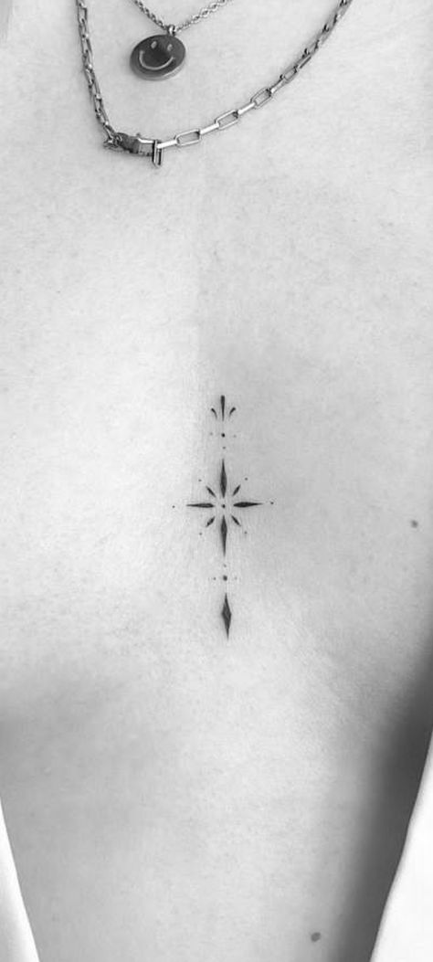 North Star Tattoo Sternum, Small In Between Breast Tattoo, Middle Of Breast Tattoo For Women, Tattoo Between Breast Women, Breast Bone Tattoos For Women, Vine Sternum Tattoo, Sternum Tattoo Big Bust, Fine Line Chest Tattoo, Tiny Chest Tattoo Female