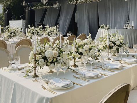 Wedding Long Table Flower Arrangements, Wedding Table White Flowers And Candles, White Flower Table Arrangements Wedding, Wedding Centerpieces Ideas Rectangle Table, White And Gold Floral Centerpieces, Wedding Table Dressing, All White Florals Wedding, Small Table Arrangements Wedding, Candles On Wedding Tables