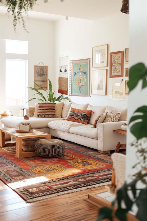 Interior Ideas For Living Room, Austin Texas Living Room, Cream Couch Boho Living Room, Living Room Designs Neutral With Pop Of Color, Boho Style Decor Living Rooms, Living Room Colorful Couch, Cream Couch Decor Ideas, Vaulted Living Room Decor, Lived In Living Room Decor