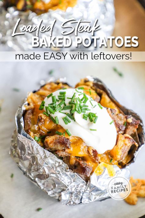 Steak Garlic Butter, Steak Baked Potato, Steak And Baked Potato, Baked Potato Dinner, Leftover Steak Recipes, Steak Toppings, Beef Recipes Easy Dinners, Leftover Baked Potatoes, Baked Potato Recipe