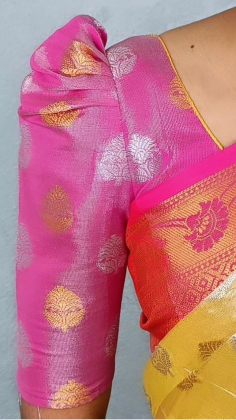 Gauri_Rawal | #designedbygauri✂✂✂🎀🎀💕 | Instagram Different Pattern Blouse Designs, Blouse Hands And Neck Designs, Blouse Back Hand Designs, Puff Designs For Blouse, Puff Sleeve Work Blouse, Self Blouse Design, Less Design Blouse, Plain Blouse Sleeve Designs, Back Blouse Embroidery Design