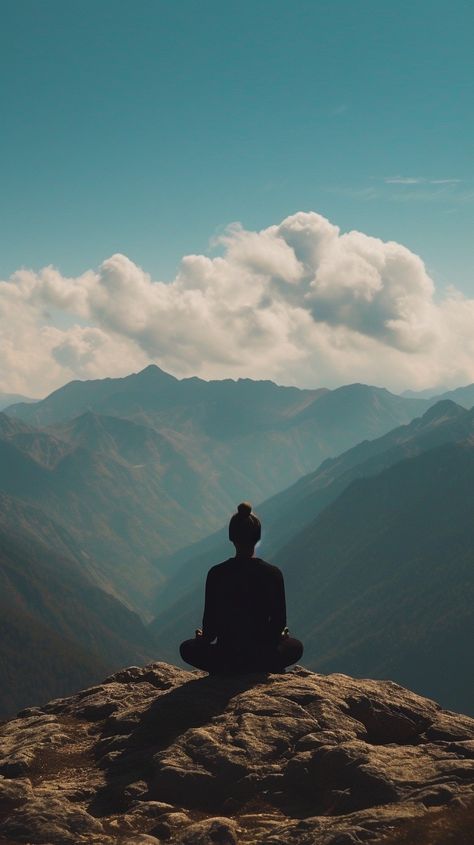 Mountain Meditation Peace: A solitary figure meditates atop a cliff, finding tranquility against a backdrop of majestic mountains. #meditation #serenity #mountains #peace #nature #solitude #tranquility #introspection #aiart #aiphoto #stockcake https://ayr.app/l/Wr5G Meditate In Nature, Peaceful Life Pictures, Nature Stock Photos, Self Awareness Pictures, Meditation Asthetic Picture, Peaceful Images Serenity, Feeling Happy Aesthetic Pictures, Find Yourself Aesthetic, Mindfullness Aesthetic Background