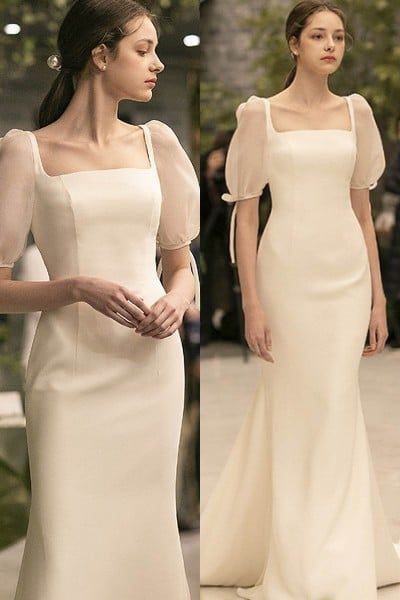 Simple Wedding Dress With Puff Sleeves, Korean Satin Dress, Simple Wedding Dress With Sleeves Classy Sophisticated Bride, Satin Full Sleeve Dress, Modern Simple Wedding Dress Classy, Minimal Wedding Dress Long Sleeve, Simple Elegant Wedding Dress Classy, Filipino Wedding Dress, Korean Wedding Dress Simple