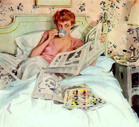 inbed.quenalbertini: Woman Reading Newspaper in Bed by John Gannam Reading A Newspaper, Vintage Housewife, Retro Humor, Illustration Vintage, E Card, Vintage Humor, Pics Art, Vintage Coffee, Vintage Poster