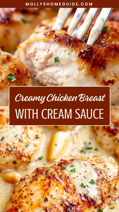 Indulge in a delicious meal tonight with this exquisite recipe for tender chicken breast with creamy sauce. The combination of juicy chicken and rich cream sauce is an irresistible treat for your taste buds. Follow this easy recipe to create a gourmet dinner at home that will impress your family and friends. Elevate your cooking game with this luxurious dish that is sure to become a favorite in your household. Creamy Chicken With Bacon, Chicken With Cream Sauce Recipes, Creamy Chicken Meals, Baked Chicken With Cream Sauce, Dinner Ideas With Cream Of Chicken, Chicken With Mustard Cream Sauce, Easy Chicken Recipes With Cream Cheese, Chicken With Creamy Sauce, Creme Of Chicken Recipes Meals