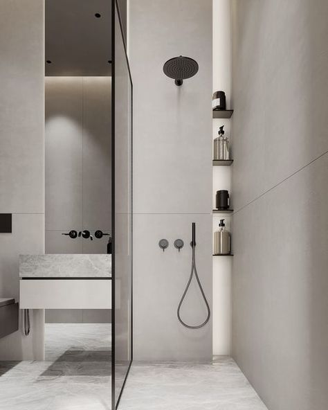 Bathroom Niche Design, Guest Wc, Grey Bathrooms Designs, Luxury Bathroom Tiles, Bathroom Niche, Minimalist Theme, Minimalist Showers, Bathroom Plan, Gray Bathroom Decor