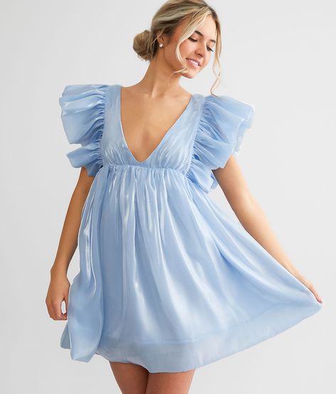 Storia Deep V-Neck Sheen Mini Dress - Women's Dresses in Sky Blue | Buckle Homecoming Dresses Flowy, Sorority Dresses, Blue Babydoll Dress, Rush Outfits, Rush Dresses, Pastel Dress, Eye Details, Dress Pleated, Mini Dresses For Women