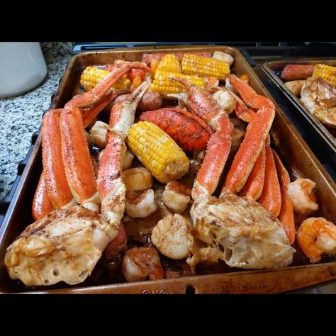 Sheet Pan Seafood Boil Sheet Pan Crab Boil, Oven Crab Boil, Oven Seafood Boil Recipes, Seafood Boil In Oven Foil Pan, Sheet Pan Seafood Boil, Seafood Boil Oven, Oven Baked Seafood Boil, Pan Seafood Boil, Baked Seafood Boil