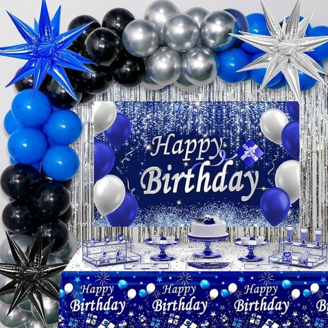 Power Supply:None \nColor:Multicolor \n Blue Birthday Decorations For Men, Blue Birthday Decorations, Birthday Party Decorations For Women, Husband Birthday Parties, Silver Happy Birthday, Birthday Deco, Silver Party Decorations, Silver Balloons, Fringe Curtains