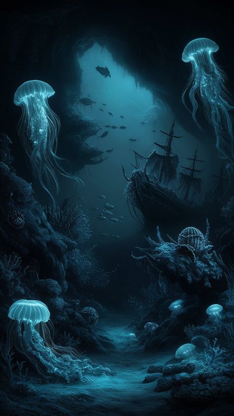 Immerse yourself in the haunting beauty of the deep sea with our latest dark-themed ocean wallpaper. This ethereal underwater scene is bathed in moody, deep blue hues, descending into almost-black, mysterious abyssal waters. Illuminated jellyfish with trailing luminescent tentacles float gracefully among ghostly shipwrecks encrusted with barnacles. Shadowy schools of fish dart through the scene, while the textured ocean floor reveals scattered corals, seaweed, and hints of lost treasures. Soft, bioluminescent glows emanate from various sea creatures and plants, casting an eerie, magical light that contrasts against the pitch-dark surroundings. Dive into this mysterious and wondrous world, where every detail invites you to explore the enigmatic depths of the ocean. Ocean Trench Deep Sea, Dark Sea Background, Scary Underwater Art, Dark And Blue Wallpaper, Magical Ocean Aesthetic, Deep Water Creatures, Sea Witch Wallpaper, Deep Sea Landscape, Spooky Ocean Aesthetic