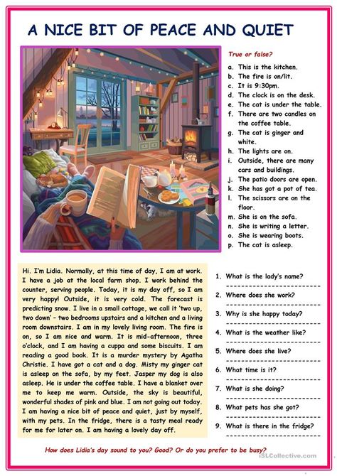 RC: a nice bit of peace and quiet - English ESL Worksheets for distance learning and physical classrooms English Text For Beginners, Esl Reading Comprehension Beginners, English Learning Worksheets, English Reading For Beginners, English Reading Skills, Esl Reading Comprehension, Listening English, Teaching Reading Skills, Reading Fluency Passages