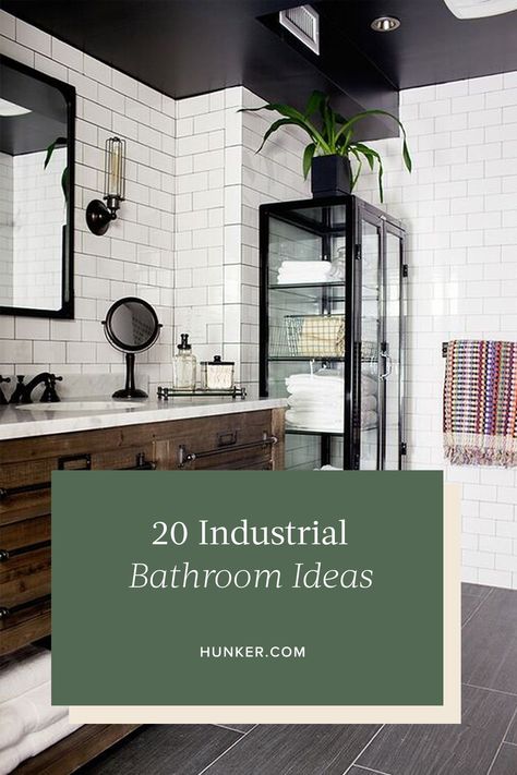 From exposed metal piping to concrete countertops, here are 20 industrial bathroom ideas worth stealing. #hunkerhome #industrialbathroom #industrialbathroomideas #industrial #industrialbathroominspo Bagno Industrial Style, Small Industrial Bathroom, Industrial Bathroom Ideas, Industrial Modern Bathroom, Vintage Industrial Bathroom, Modern Industrial Bathroom, Bathroom Industrial Chic, Industrial Farmhouse Bathroom, Rustic Bathroom Shower