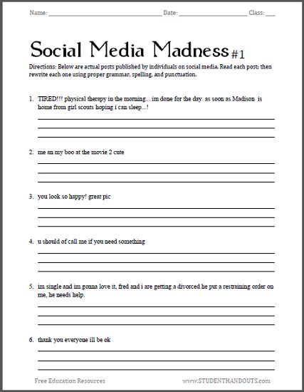 Social Media Madness Worksheets - Free to print (PDF files). Fun with grammar and punctuation for high school English students. Grammar Worksheets High School, Grammar High School, Middle School Grammar Worksheets, 9th Grade English, Middle School Grammar, Language Arts Worksheets, Homeschool Worksheets, Grammar Tips, Spelling Worksheets