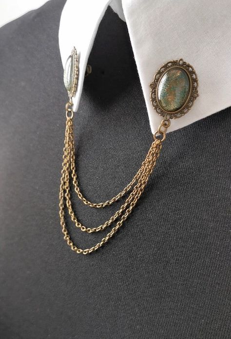 Collar Pins, Bronze Metal Chains, Collar Chain Pins for Shirts With Oval Glass Cabochons in celtic Shade - Etsy Canada Storm Fashion, 2025 Style, Shirt Collar Pins, Collar Brooch, Collar Pin, Dark Academia Fashion, Collar Chain, Collar Pins, Bronze Metal