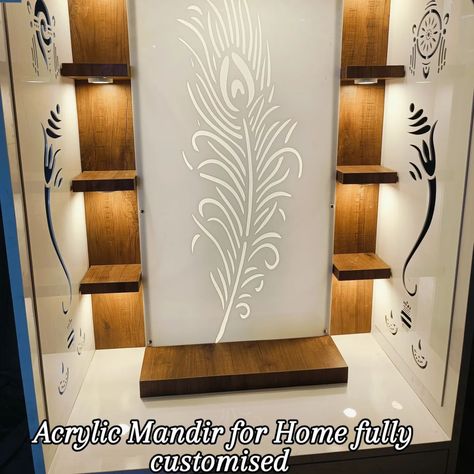 Acrylic corian teakwood any material we can make home temple fully customised as per your requirement and provide you with beautiful designs and exquisite finishing of mandir #acrylicmandir #acrylictemple #corianmandir #poojamandir #hometemple #plywoodmandir #backlitmandir #homemandir #peacockfeathers Do you like this peacock feather acrylic design?? Frll free to share your suggestions Mandir Acrylic Design, Acrylic Mandir Design, Acrylic Mandir, Corian Mandir Design, Pooja Unit, Mandir Design, Pooja Mandir, Living Room Tv Unit Designs, Living Room Tv Unit