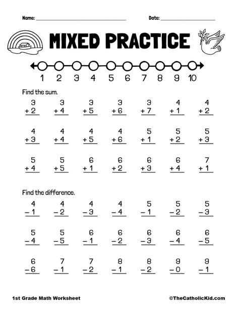 Practice Addition & Subtraction - 1st Grade Math Worksheet Catholic - TheCatholicKid.com First Grade Addition And Subtraction Worksheets, Addition Work Sheets 1st Grades, 3rd Grade Math Worksheets Subtraction, Math Activity Sheets For Grade 1, Math Practice Worksheets 1st Grade, Addition Subtraction Worksheet Kindergarten, 1st Grade Math Subtraction Worksheets, Grade 2 Math Worksheets Addition And Subtraction, Math Worksheet 1st Grade