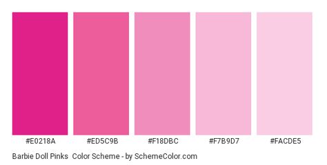 Barbie Doll Pinks - Color scheme palette thumbnail - #e0218a #ed5c9b #f18dbc #f7b9d7 #facde5 Pink Color Code, Barbie Pink Color, Movie Color Palette, Pink Paint Colors, Hexadecimal Color, Pantone Colour Palettes, Hex Color Palette, Pink Color Schemes, Barbie Theme