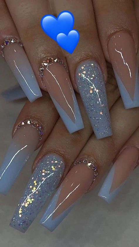 Pin on Idea Pins by you Blue And Silver Nails, White And Silver Nails, Purple Acrylic Nails, White Glitter Nails, Blue Acrylic Nails, Homecoming Nails Acrylic, Long Acrylic Nails Coffin, Acrylic Nails Coffin Pink, Long Square Acrylic Nails