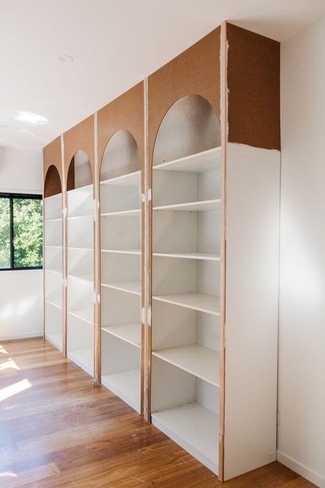 Wall Library, Shelving Decor, Built In Shelves Living Room, Arched Wall, Wall Shelving, Home Library Design, Built In Bookcase, Built In Shelves, Be Happier