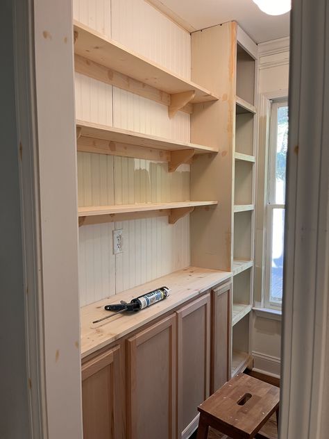 Small Hallway Butlers Pantry, Small Butlers Pantry With Window, Ikea Pantry Makeover, Closet To Butlers Pantry, Butlers Pantry Hallway, Open Kitchen Island Ideas, Walk In Pantry Cabinets, Pantry Plans Layout, Closet In Basement