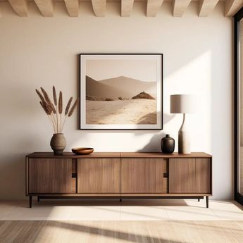 New Modern Living Room Interior Design, Sideboard And Mirror, Long Sideboards Living Room, Tv Sideboard Ideas, Sideboard Styling Decor Ideas, Sideboards Living Room Inspiration, Decorate A Sideboard, Japandi Sideboard, Style A Sideboard