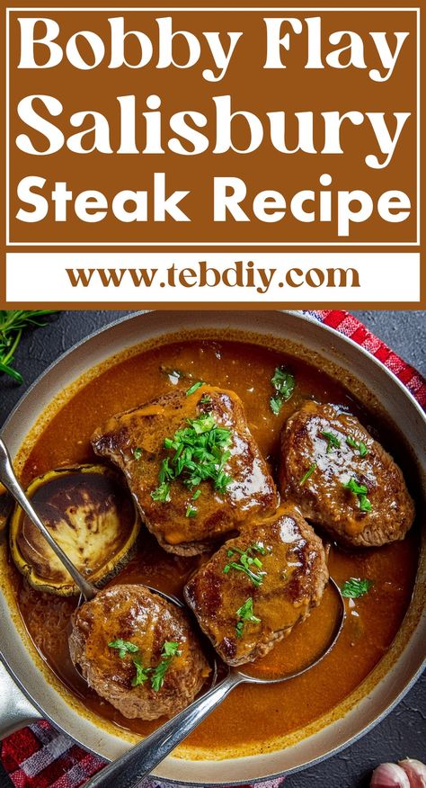 Super Delicious Bobby Flay Salisbury Steak Recipe With Gravy Bobby Flay Salisbury Steak Recipe, Bobby Flay's Salisbury Steak, Bobby Flay Salisbury Steak, Hamburger Steak And Gravy, Salisbury Steak Recipe, Bobby Flay Recipes, Rice Cake Recipes, Beef Dinners, Salisbury Steak Recipes