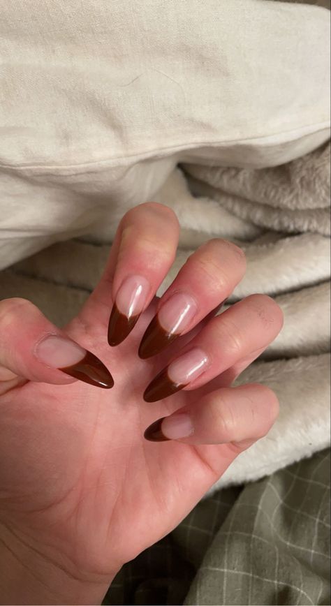 Thick French Tip Almond, Almond Brown French Tip Nails, Dark Brown French Tip, Dark Brown French Tip Nails, Thick French Nails, Thick French Tip, French Nails Almond, Brown French Tip Nails, Brown French Tip