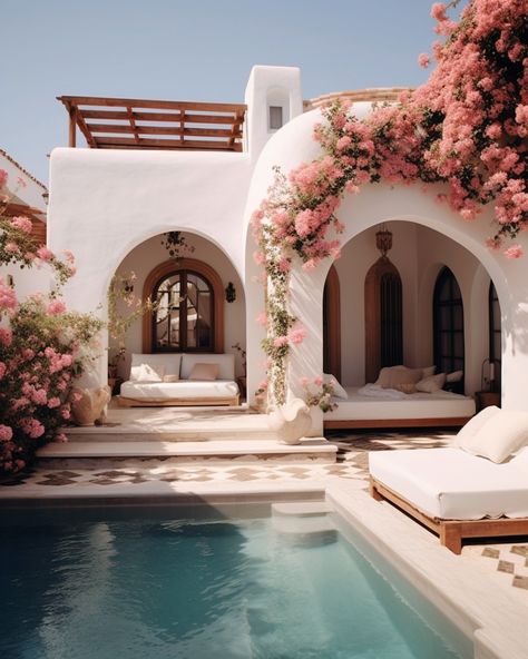 Link In Bio Design, Santorini House, Bio Design, Apartment Exterior, Moroccan Homes, House Arch Design, Spanish Style Homes, Backyard Pool Designs, Spanish House