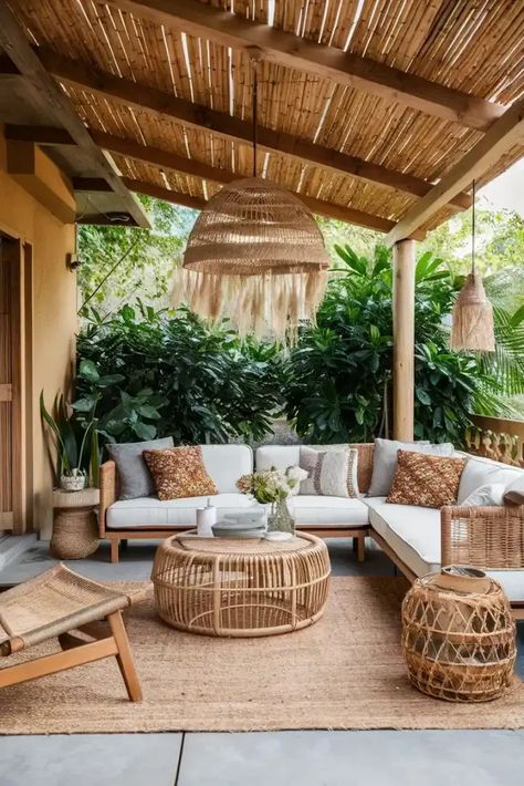 21 Bohemian Patio Ideas: Transform Your Outdoor Space 46 Bohemian Patio Decorating Ideas, Bohemian Backyard Decor, Boho Patio Ideas Outdoor Spaces, Tropical Patio Ideas, Bohemian Deck, Coastal Outdoor Patio, Bohemian Patio Ideas, Outdoor Lounge Ideas, Bohemian Patio Furniture