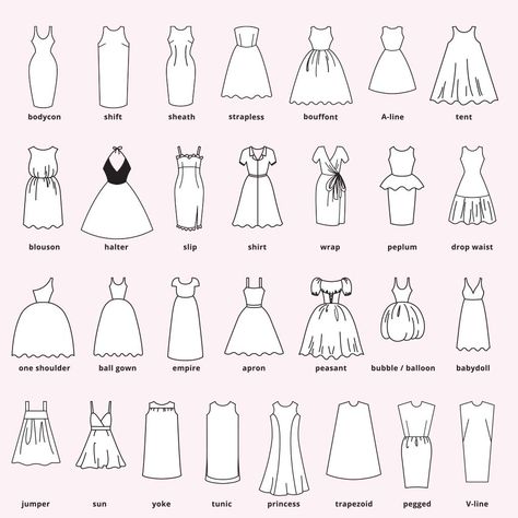 Learn about the most common dress silhouettes through this guide to help you find the right types that will work best for your body shape. Types Of Shirts For Women Chart, Types Of Dresses Chart, Clothing Terminology, Types Of Dresses Styles, Fashion Terminology, Silhouette Mode, Istoria Modei, Different Types Of Dresses, Easter Dresses For Toddlers