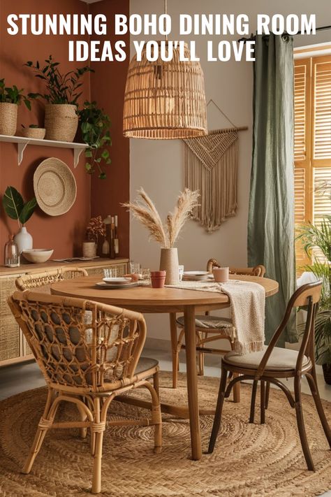 Embracing the free-spirited boho style? ✨  Discover 15 unique & breathtaking dining room ideas to create a captivating & inviting space. See them now! Scandi Boho Dining Room, Dining Room Boho Style, Dining Room Ideas Boho, Retro Dining Room Ideas, Boho Modern Dining Room, Terracotta Dining Room, Unique Dining Table Design, Round Table Decor Ideas, Boho Dining Room Ideas