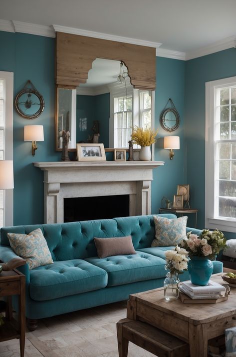 15 Perfect Teal Living Room Ideas to Transform Your Space » Comfy Ideas Red Teal Living Room, Teal Apartment Decor Living Room, Turquoise Lounge Ideas, Dark Brown And Teal Living Room, Teal Apartment Decor, Teal Interior Design Living Rooms, Dark Teal Accent Wall Living Room, Teal And Navy Living Room, Teal Velvet Sofa Living Room