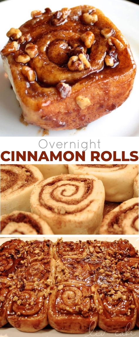 This overnight cinnamon rolls recipe is a huge time saver! Make them in advance, refrigerate, then pop them in the oven in the morning.  | livforcake.com Overnight Sticky Buns, Cinnamon Rolls Overnight, Overnight Cinnamon Rolls Recipe, Roll Desserts, Cinnamon Roll Desserts, Overnight Cinnamon Rolls, Pecan Cinnamon Rolls, Caramel Rolls, Pecan Rolls