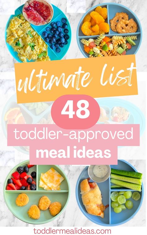 Wondering what to feed your toddler? I'm a mom of three sharing 48 awesome toddler meal ideas your toddlers will love based on what my kids actually eat. Easy, nutritious, and simple toddler meal ideas made with wholesome foods. No cook (or quick recipe) toddler lunch ideas perfect for 1 year olds, 2 year old, 3 year olds and more! Easy Lunch For 1 Year, Lunch Ideas For Two Year Olds, Easy Meal Ideas For One Year Old, 3 Year Food Ideas, 3 Year Lunch Ideas, 1 Year Dinner Ideas, Lunch For Two Year Old, Blw Meals One Year Old, Baby Lunches 1 Year