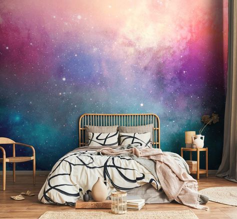 Water Color Galaxy Wall Mural | Wall Murals – Eazywallz Galaxy Walls Bedroom, Galaxy Mural Paint, Galaxy Decor Bedroom Ideas, Galaxy Wall Paint Diy Bedroom, Diy Galaxy Wall Painting, Galaxy Inspired Bedroom, Galaxy Accent Wall, Galaxy Mural Diy, Kids Galaxy Bedroom