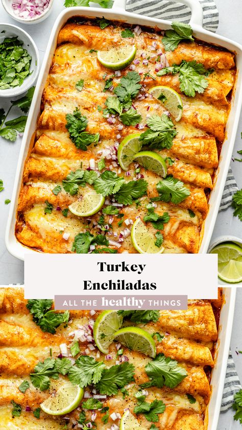 These delicious leftover Turkey Enchiladas are a great way to repurpose leftover roasted turkey. They're cheesy, flavorful, easy to make, and so delicious! Smoked Turkey Enchiladas, Leftover Turkey Lunch Ideas, Mexican Turkey Recipes, Turkey Breast Leftover Recipes, Leftover Turkey Recipes Easy Healthy, Mexican Thanksgiving Dinner, Turkey Leftover Recipes Easy Dinners, Leftover Turkey Enchiladas, Pomegranate Desserts