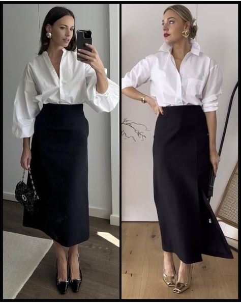 Black Silk Skirt, Black Skirt Outfits, Over 60 Fashion, 60 Fashion, White Button Up, Skirt Outfit, Fashion Woman, Silk Skirt, Professional Outfits