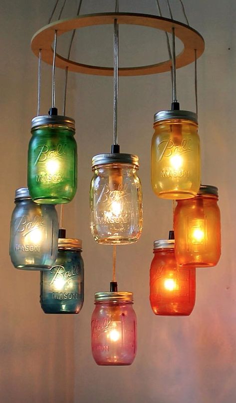 Do Beautiful And Unique Decor With Everyday Materials.  How to repurpose used or old materials like mason jars, pots, tin and metal slicer, o leftover fabric and thread, wood and cardboard to make quirky, simple, and original DIY projects like lamps and minimalistic decor. Luminaria Diy, Mason Jar Chandelier, Projects Design, Outdoor Chandelier, Lighting Pendant, Mason Jar Lighting, Rustic Lighting, Diy Lamp, Light Project